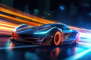 Futuristic sport car at road with motion blur light effect. photo