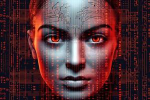 Digital female face hologram on futuristic background. photo