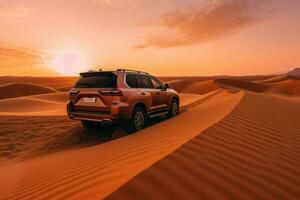 Four wheel drive SUV is driving in desert. Generative AI photo