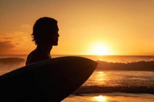 Man with surfboard on sea beach at sunset. Generative AI photo