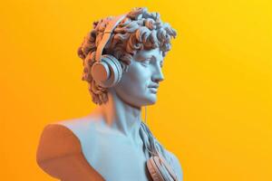 Gypsum statue in headphones on colored abstract background. Generative AI photo