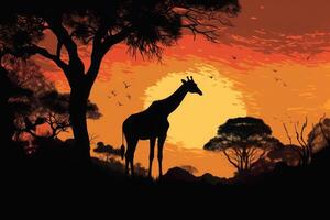 Silhouette of african animals. Giraffe at sunset near trees. Generative AI photo