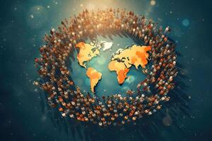 Group of people around planet Earth. photo