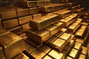 Stack of gold bars in vault. photo