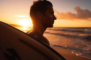 Man with surfboard on sea beach at sunset. Generative AI photo