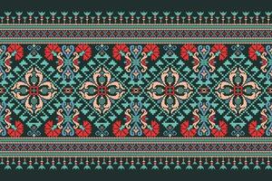 Floral Cross Stitch Embroidery on dark green background.geometric ethnic oriental pattern traditional.Aztec style abstract vector illustration.design for texture,fabric,clothing,wrapping,decoration.