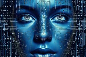 Digital female face hologram on futuristic background. Generative AI photo