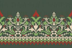 ikat floral cachemir bordado en verde fondo.ikat étnico oriental modelo tradicional.azteca estilo resumen vector ilustración.diseño para textura,tela,ropa,envoltura,decoración,pareo,bufanda