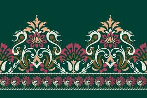 ikat floral cachemir bordado en verde fondo.ikat étnico oriental modelo tradicional.azteca estilo resumen vector ilustración.diseño para textura,tela,ropa,envoltura,decoración,pareo,bufanda