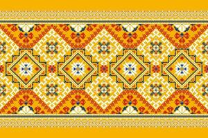 Floral Cross Stitch Embroidery on orange background.geometric ethnic oriental pattern traditional.Aztec style abstract vector illustration.design for texture,fabric,clothing,wrapping,decoration,carpet