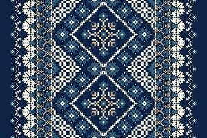 Floral Cross Stitch Embroidery on navy blue background.geometric ethnic oriental pattern traditional.Aztec style abstract vector illustration.design for texture,fabric,clothing,wrapping,decoration.