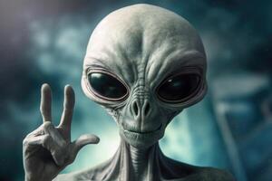 Alien humanoid shows peace gesture on dark background. photo