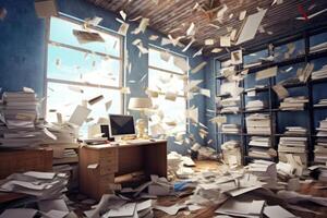 Documents flying over workplace. Clutter in office. photo