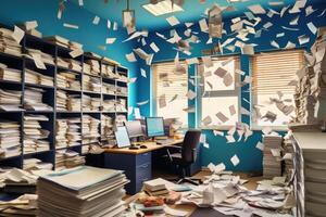 Documents flying over workplace. Clutter in office. photo