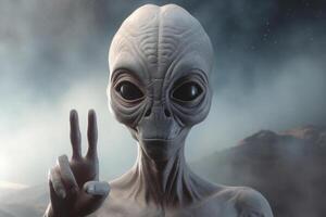 Alien humanoid shows peace gesture on dark background. photo