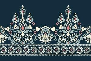 Ikat floral paisley embroidery on navy blue background.Ikat ethnic oriental pattern traditional.Aztec style abstract vector illustration.design for texture,fabric,clothing,wrapping,decoration,sarong.