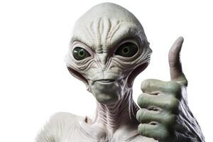 Alien humanoid shows thumb up gesture on white background. photo