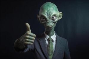 Alien humanoid shows thumb up gesture on dark background. photo