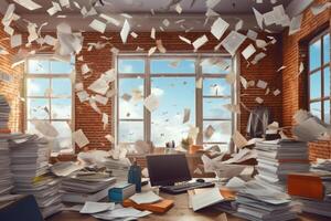 Documents flying over workplace. Clutter in office. Generative AI photo