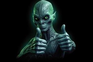 Alien humanoid shows thumb up gesture on dark background. photo