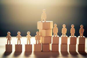 Small people figures on wooden cubes. Teamwork and development. photo