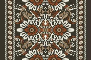 Ikat floral paisley embroidery on brown background.Ikat ethnic oriental pattern traditional.Aztec style abstract vector illustration.design for texture,fabric,clothing,wrapping,decoration,scarf,carpet