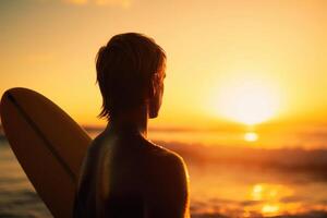 Man with surfboard on sea beach at sunset. Generative AI photo