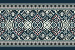 Floral Cross Stitch Embroidery on navy blue background.geometric ethnic oriental pattern traditional.Aztec style abstract vector illustration.design for texture,fabric,clothing,wrapping,decoration.