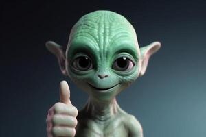 Alien humanoid shows thumb up gesture on dark background. photo
