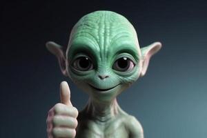 Alien humanoid shows thumb up gesture on dark background. Generative AI photo