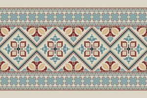 Floral Cross Stitch Embroidery on gray background.geometric ethnic orientalist pattern traditional.Aztec style abstract vector illustration.design for texture,fabric,clothing,wrapping,decoration,scarf
