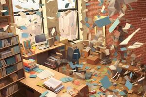 Documents flying over workplace. Clutter in office. photo