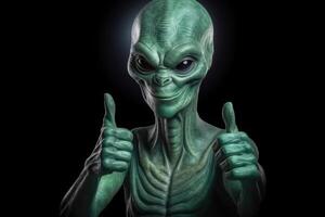 Alien humanoid shows thumb up gesture on dark background. Generative AI photo