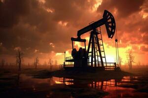 Silhouette of oil pumps at sunset. Energy crisis. Generative AI photo