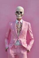 Glamour portrait of male skeleton in pink suit. Generative AI photo