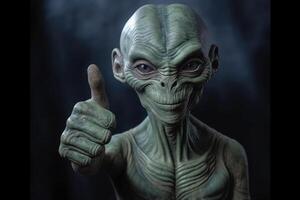 Alien humanoid shows thumb up gesture on dark background. photo