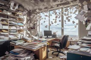 Documents flying over workplace. Clutter in office. Generative AI photo