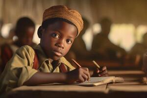 Boy at desk in classroom. Education in elementary school. Generative AI photo