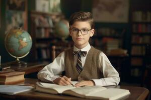 Boy at desk in classroom. Education in elementary school. Generative AI photo
