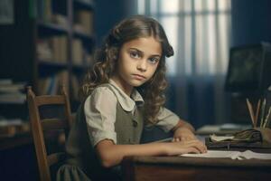 niña haciendo deberes a hogar. educación en escuela. generativo ai foto