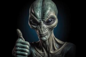 Alien humanoid shows thumb up gesture on dark background. Generative AI photo