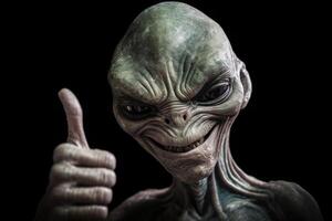Alien humanoid shows thumb up gesture on dark background. photo