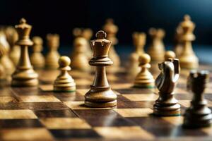 Chess pieces on chessboard, dark background. Generative AI photo