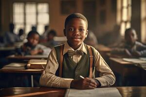 Boy at desk in classroom. Education in elementary school. Generative AI photo