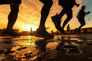 Runners silhouettes training at sunset. Sport activities outdoors. Generative AI photo