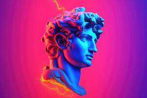 Gypsum antique statue with neon colored background. Generative AI photo