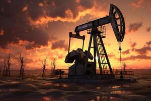 Silhouette of oil pumps at sunset. Energy crisis. Generative AI photo