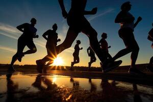 corredores siluetas formación a puesta de sol. deporte ocupaciones al aire libre. generativo ai foto