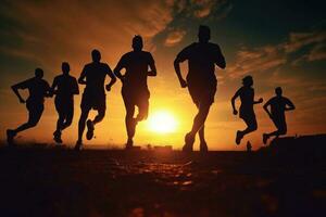 Runners silhouettes training at sunset. Sport activities outdoors. Generative AI photo
