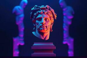 Gypsum antique statue with neon colored background. Generative AI photo